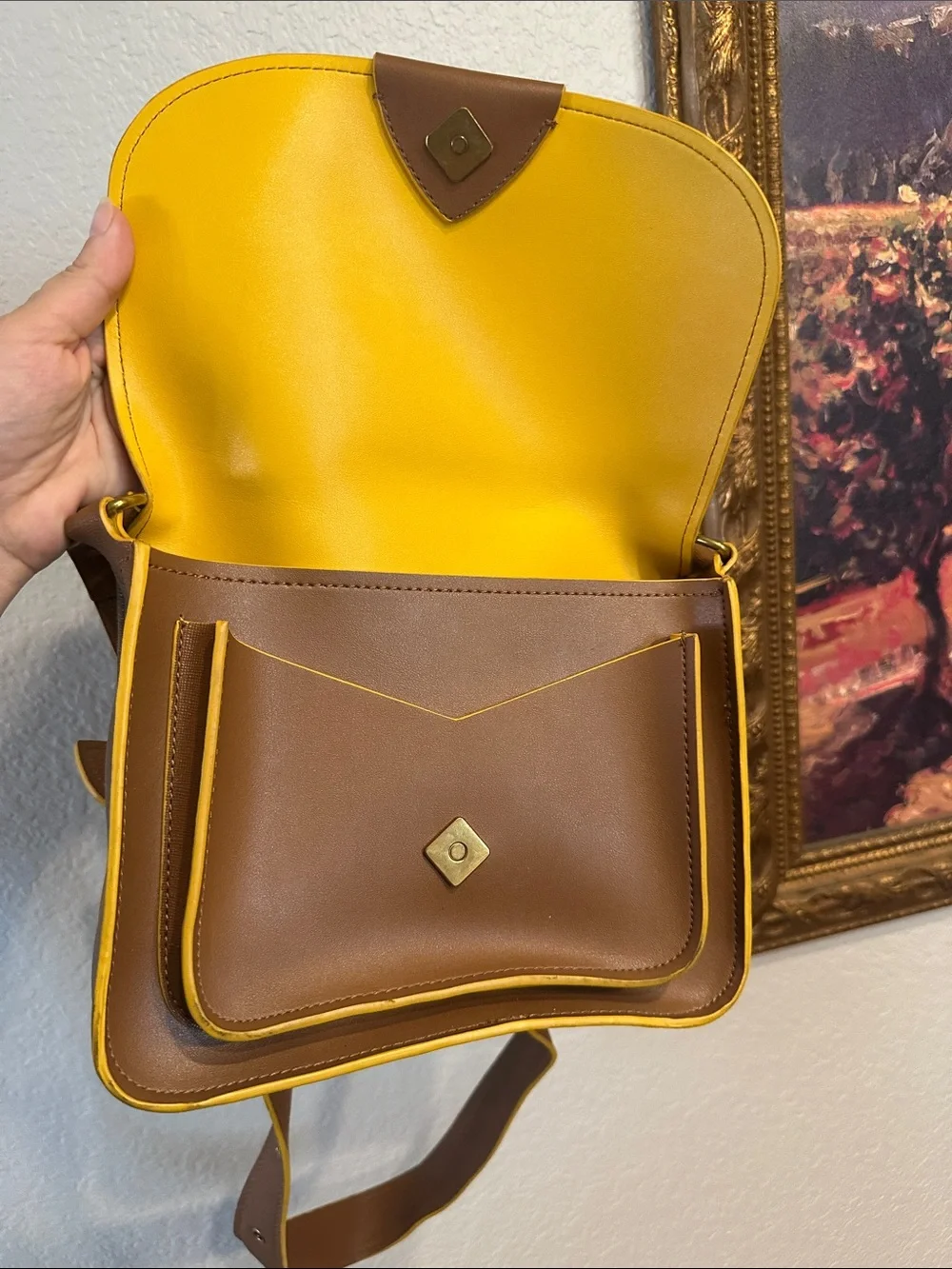 Anne Klein Brown Leather Crossbody Bag with Yellow Trim